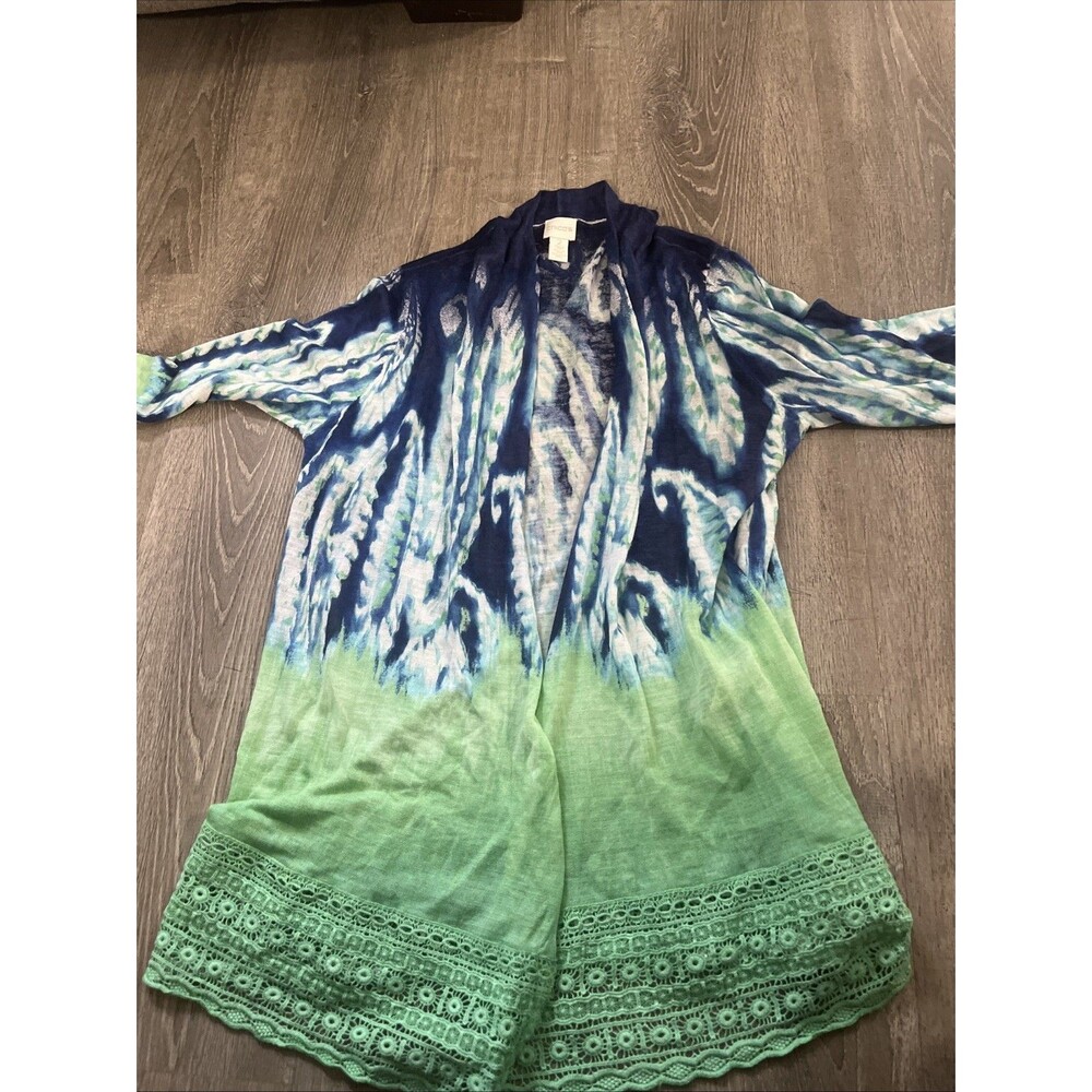 Chico's Tie Dye Cardigan Open Front Lightweight Blue/green/white Size 2